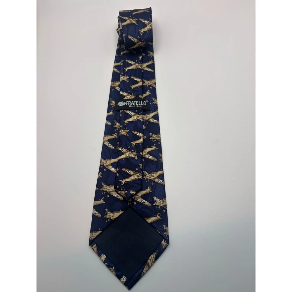 Fratello Mens Navy Blue Vintage Propeller Airplane Aviation Print Silk-Look Tie